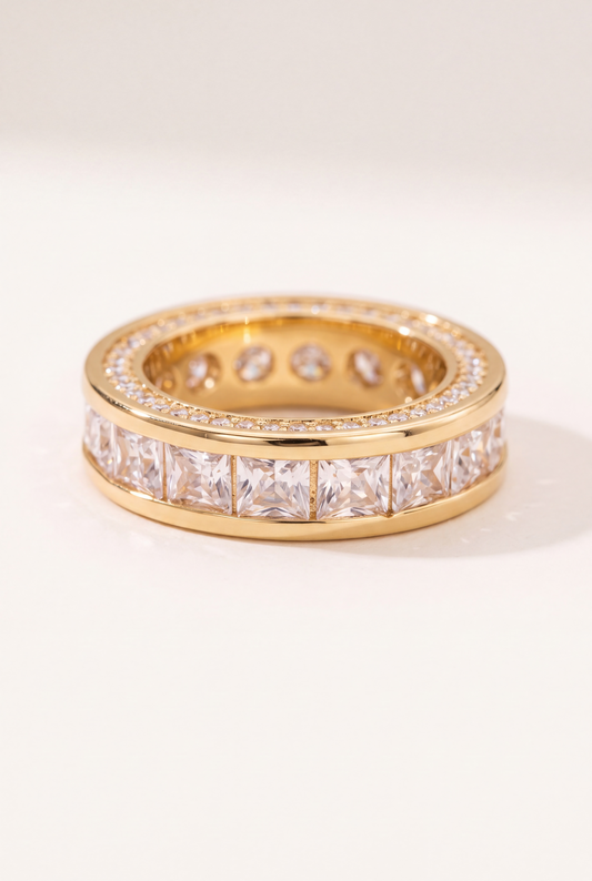 The Baguette Eternity Ring with Pavé Halo