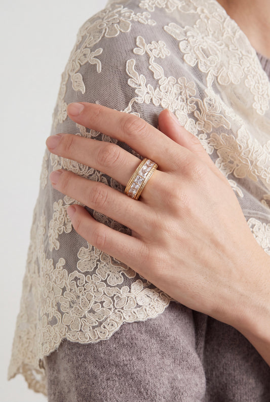 The Baguette Eternity Ring with Pavé Halo